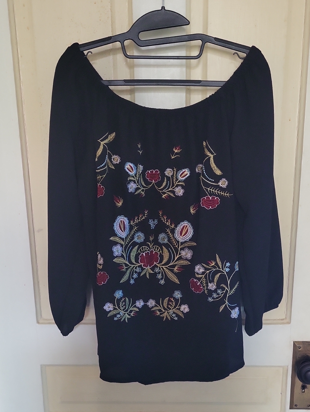 Black Embroidered Peasant Blouse with Floral Motif
